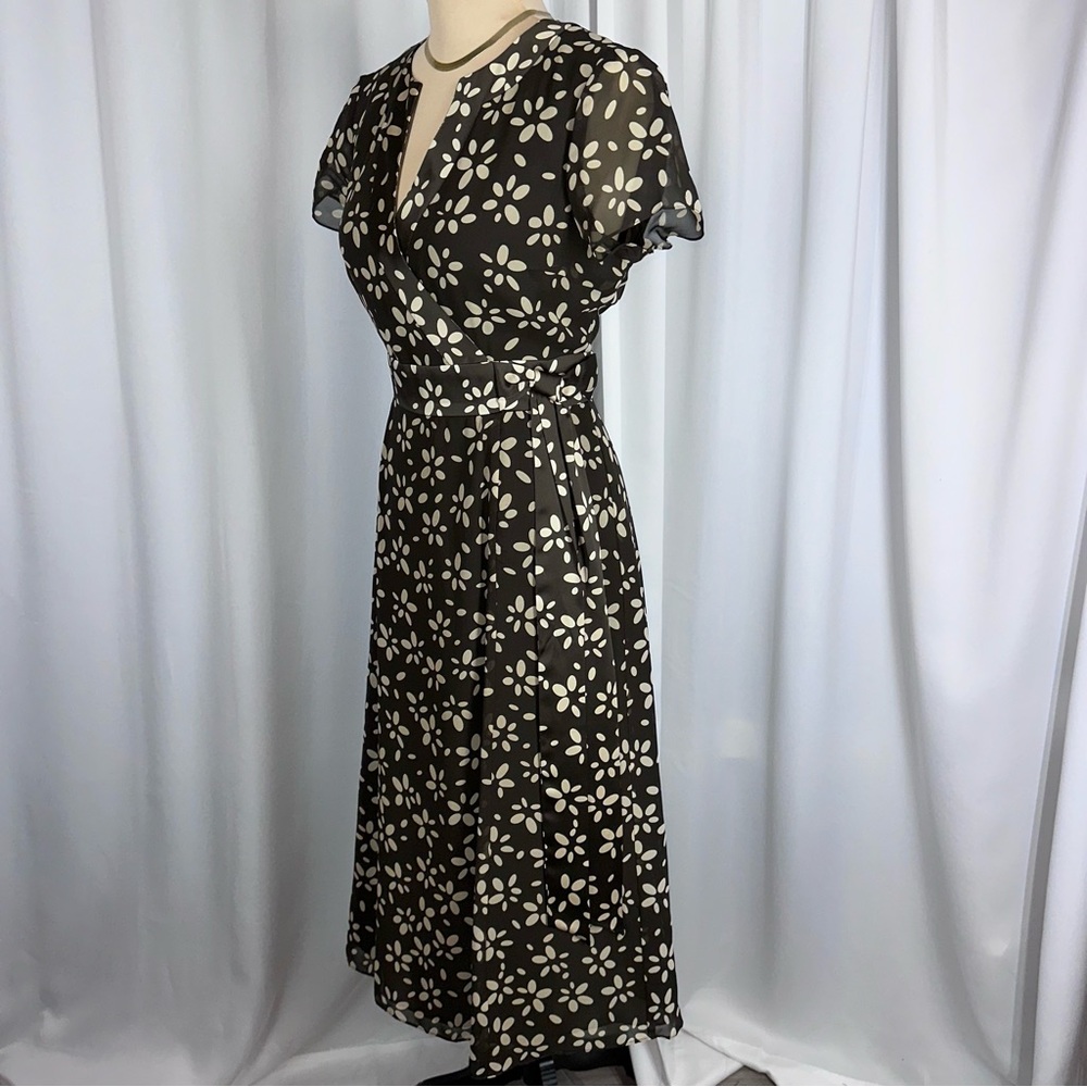 Talbots Vintage Pure Silk Midi Dress Sz 6 Brown Tan Faux Wrap‎ Bow Detail EUC - Picture 3 of 15